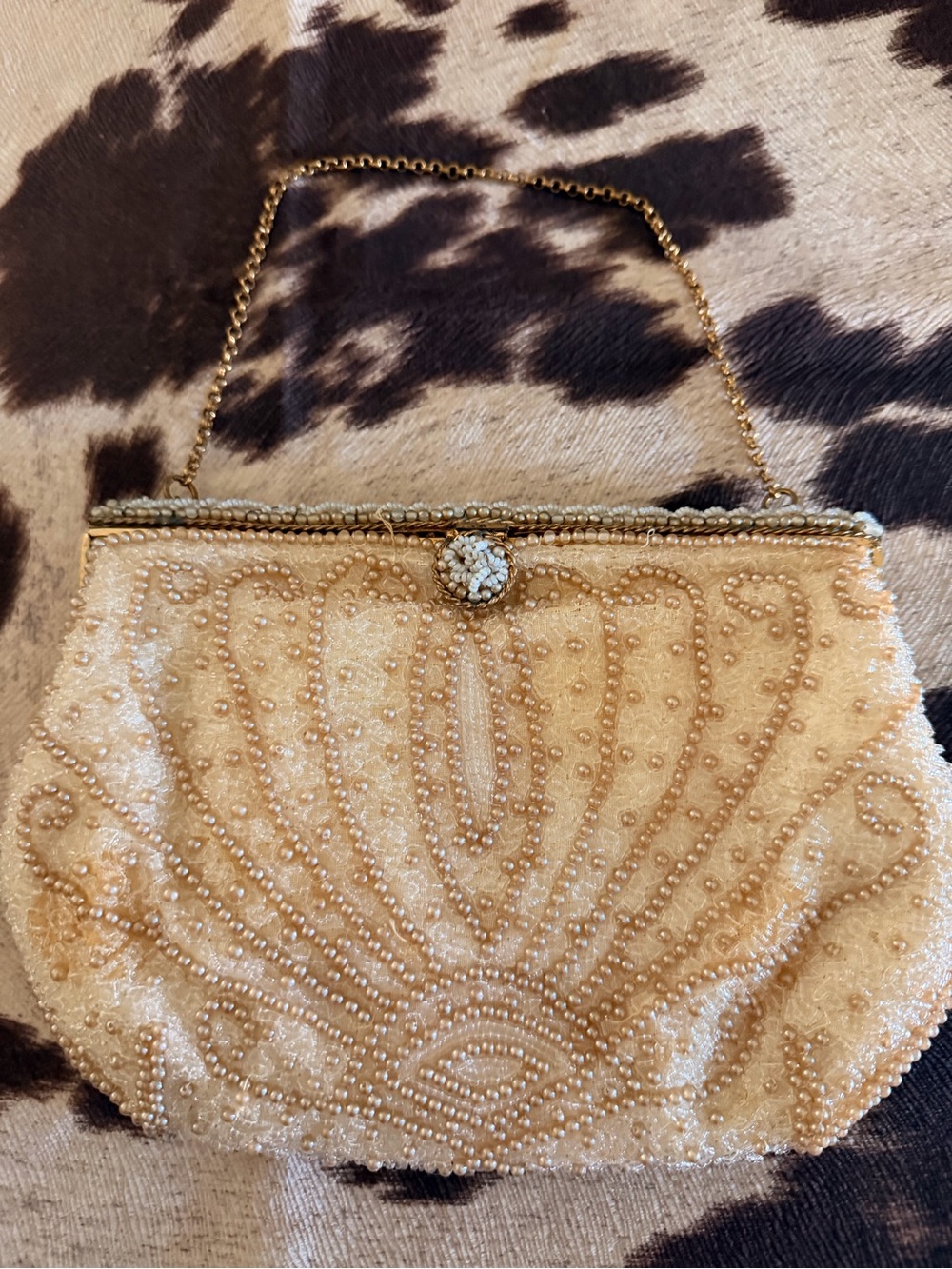 Cream Beaded Evening Clutch with Gold Chain